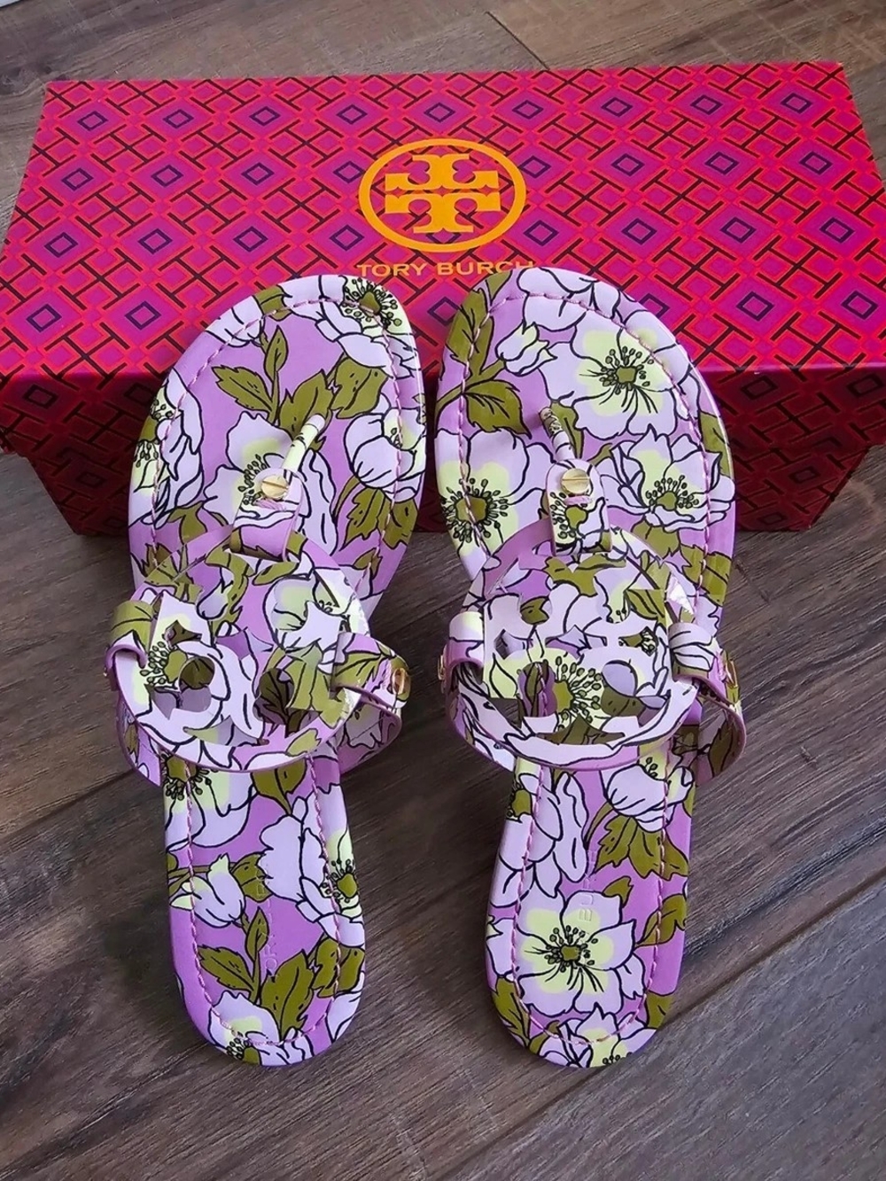 Tory Burch Lavender Floral Miller Sandals with Olive Leaves